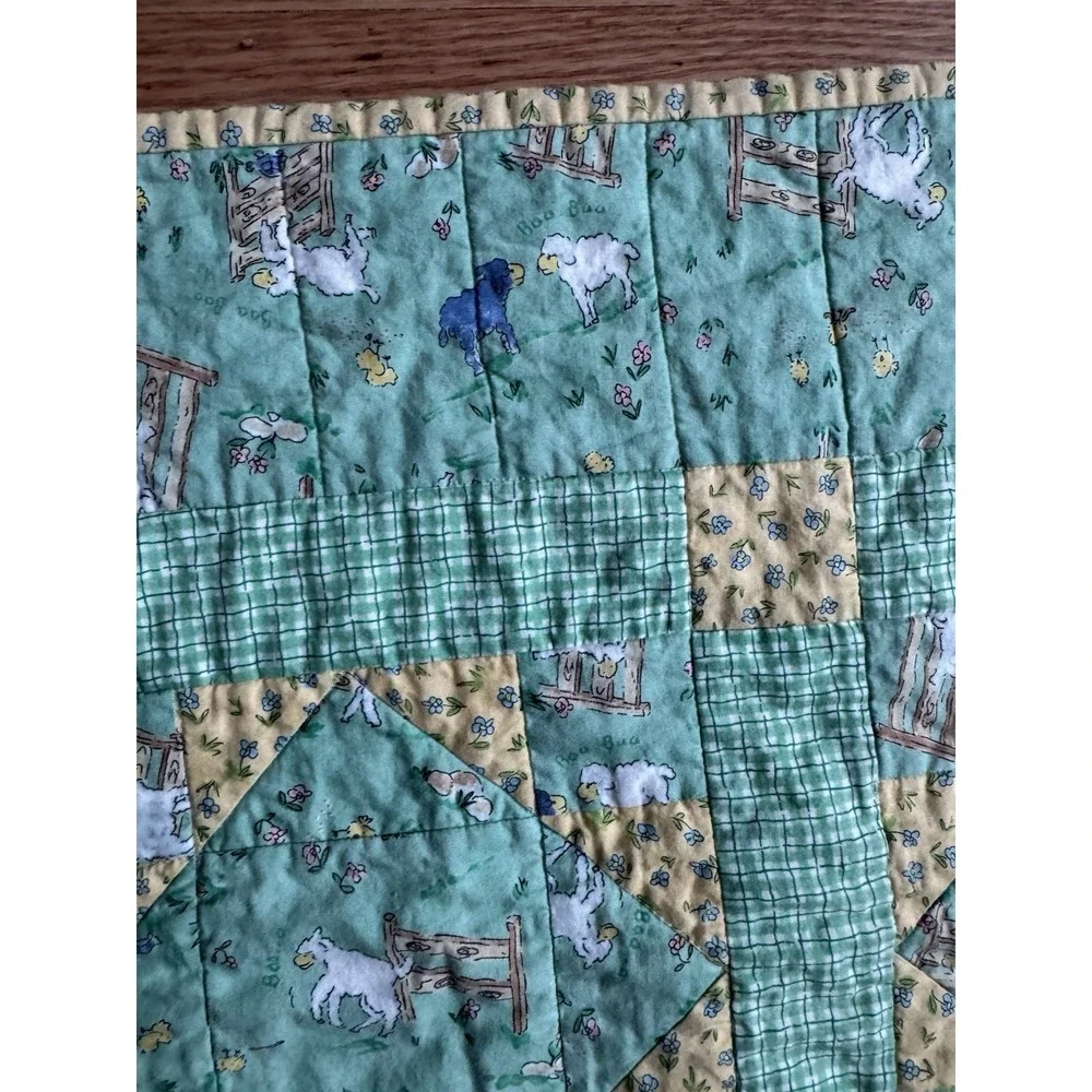 Vintage Baa Baa Black Sheep Baby Quilt Blanket‎ Green Yellow Plaid Nursery 39x39